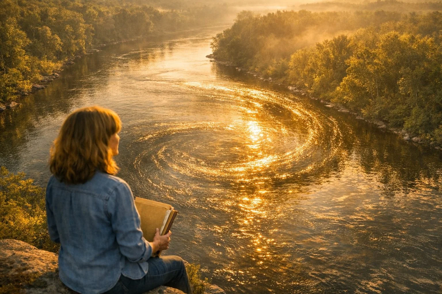 Photograph of a river seen from above, curving through light and shadow with sunlight reflecting off the surface like threads of gold. The scene conveys continuity, reflection, and the timeless flow of inner work.