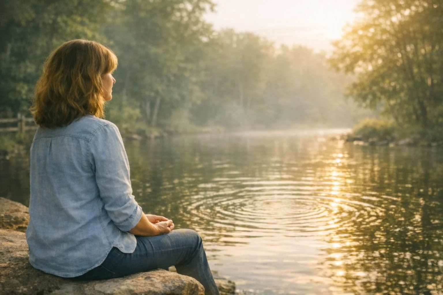 Photograph of a woman sitting beside a calm river in soft morning light, hands resting loosely in her lap as ripples move across the water. The scene conveys ease, presence, and the quiet power of allowing.
