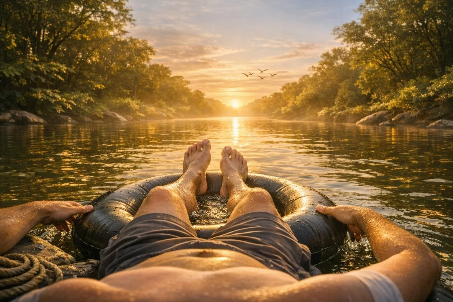 Person resting in a small boat on a calm golden river surrounded by trees, symbolizing the moment of trust when effort softens and the current of life carries you forward.