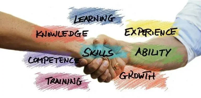 A supportive handshake overlayed with colorful graphic text blocks highlighting adult learning and development concepts, including Knowledge, Experience, Skills, Ability, Competence, Training, and Growth.