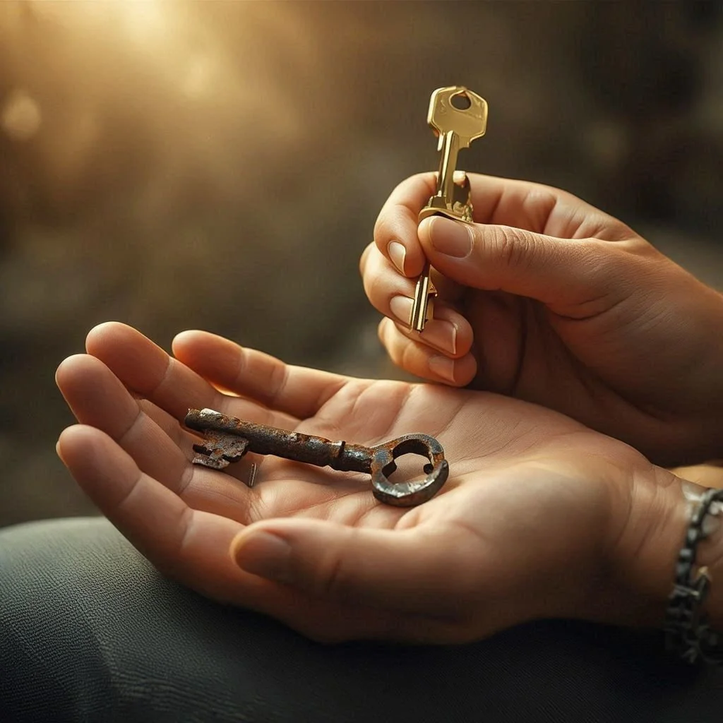 Person handing over a shiny new key to an older, rusted key.