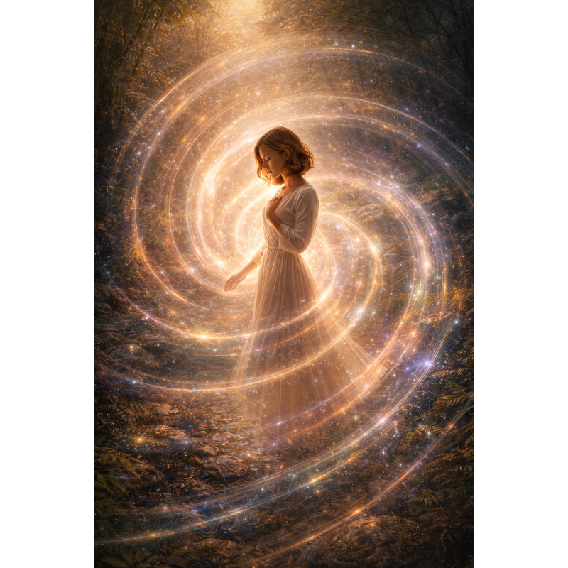 A young girl in a flowing white dress stands on a forest ground illuminated by a swirling, glowing light surrounding her, creating a magical, fairy-tale atmosphere.