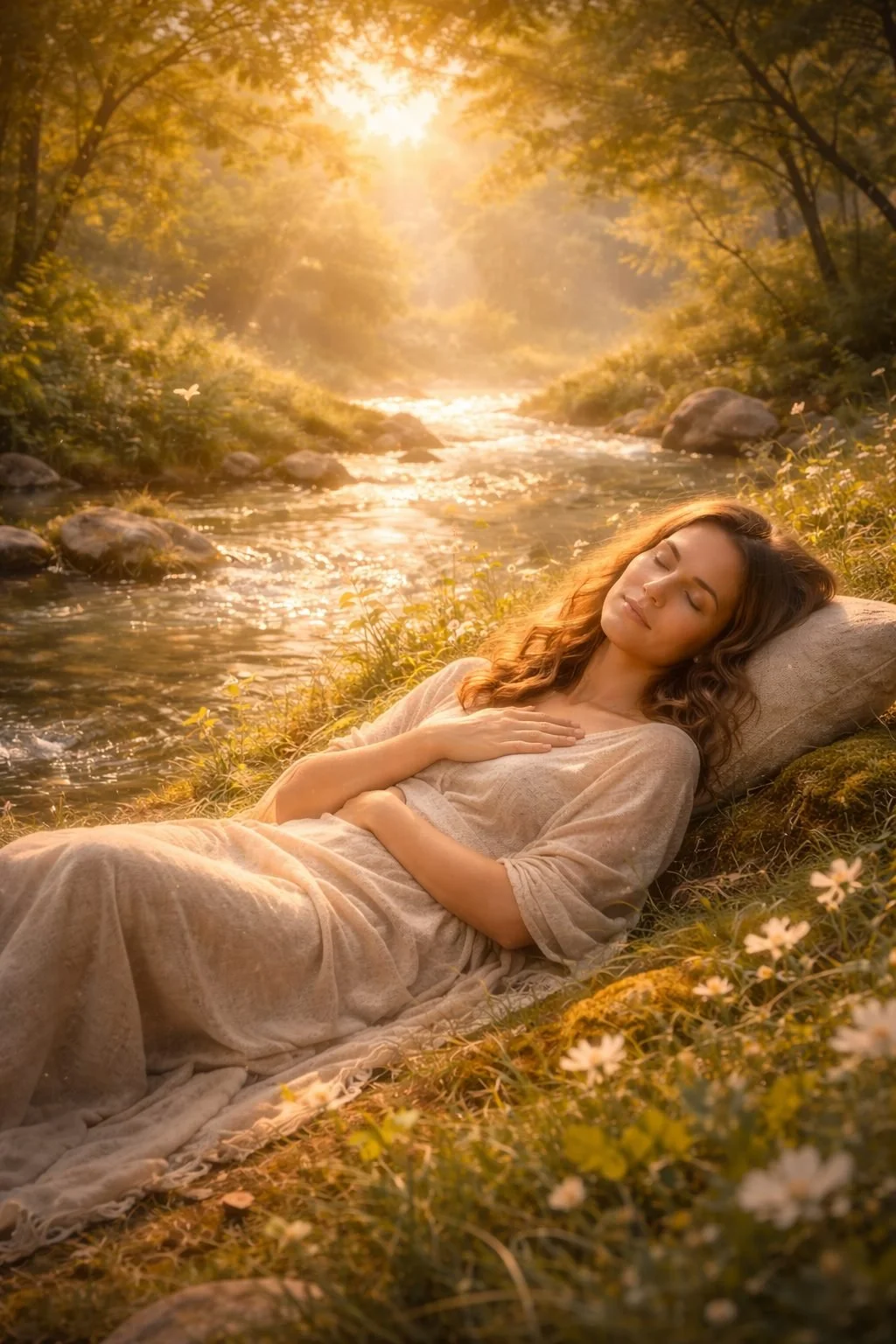 A woman relaxing by a creek in a forest during sunset, lying on a pillow with her eyes closed and a peaceful expression.