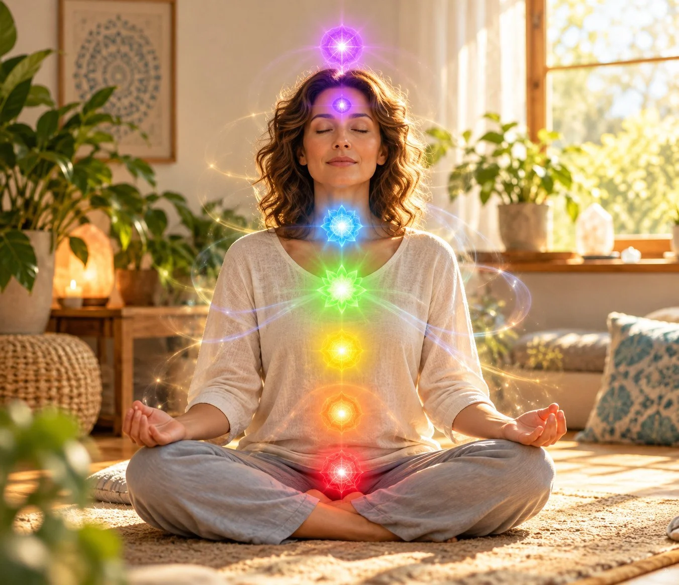 Woman meditating with seven colored chakra centers aligned from the base of the body to above the head.