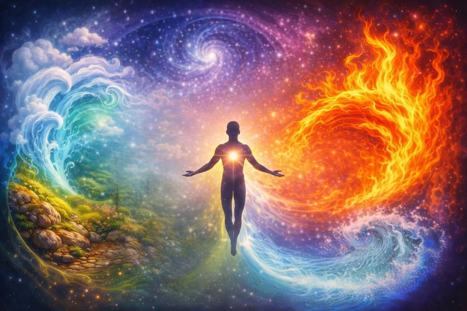 Figure surrounded by fire, water, air, and earth imagery, symbolizing balance and the Five Elements.