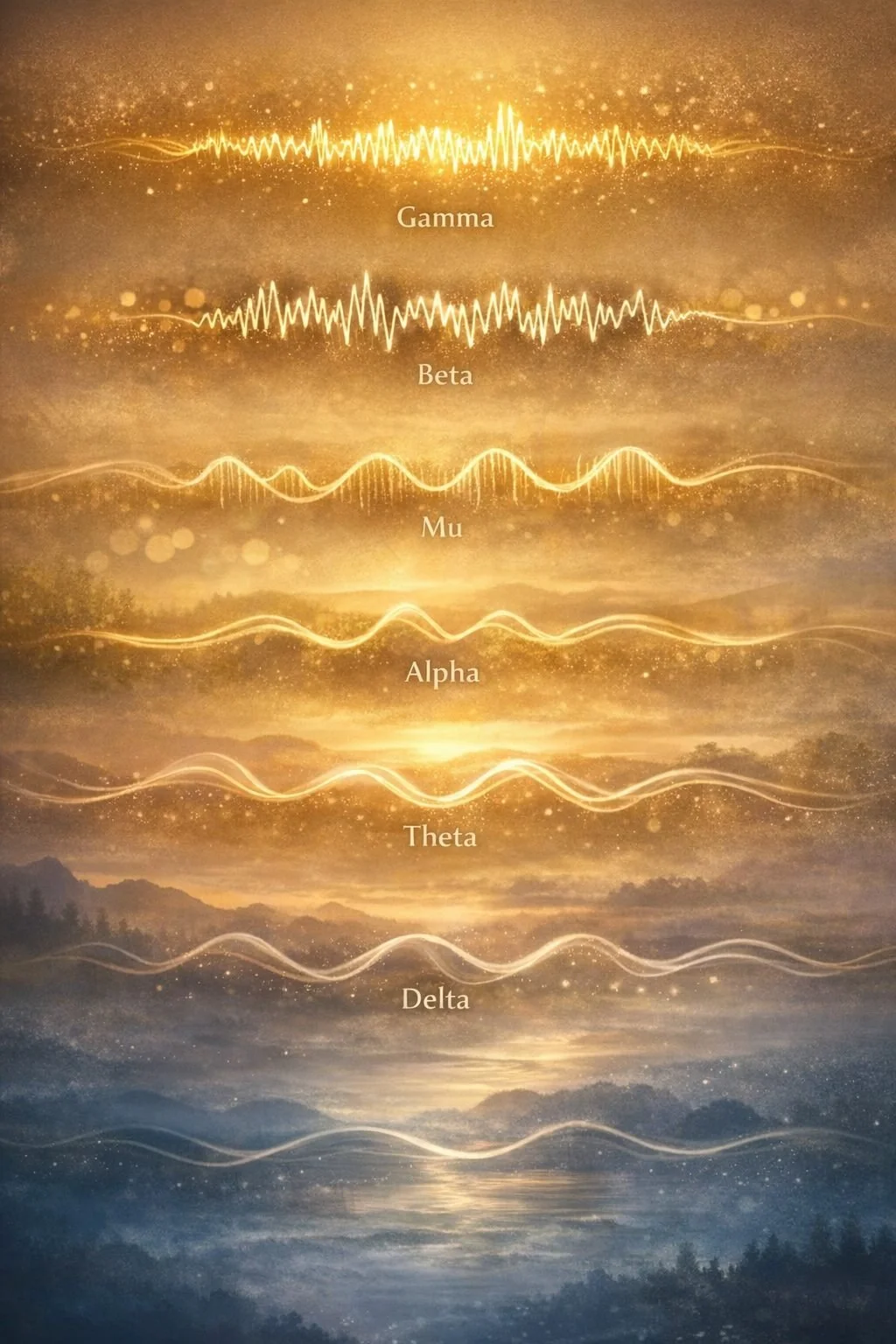 iagram showing six brainwave patterns—Gamma, Beta, Mu, Alpha, Theta, and Delta—each represented by a distinct horizontal waveform transitioning from bright gold at the top to deep blue at the bottom used in meditation