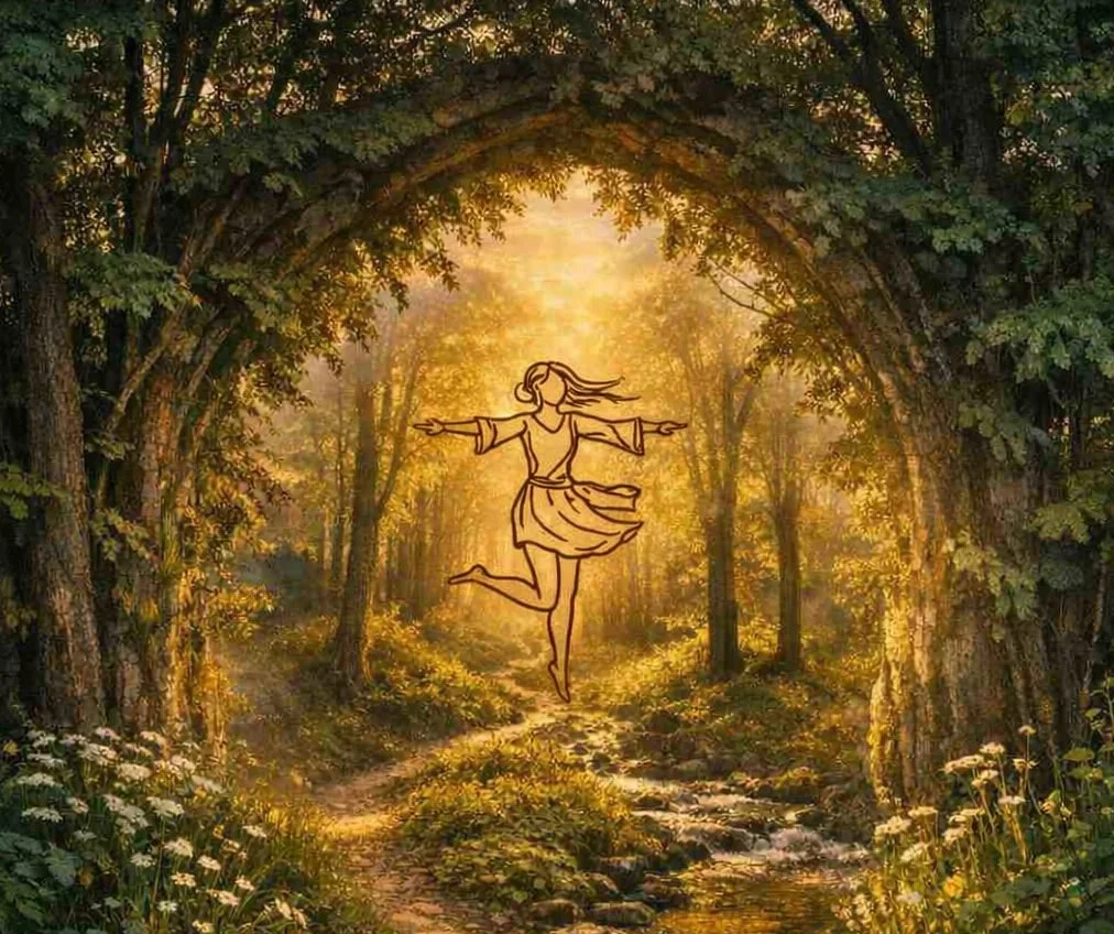 An artistic illustration of spiritual ascension and flow consciousness, featuring a joyful figure dancing on a sun-drenched forest path framed by lush green trees and a gentle woodland stream.