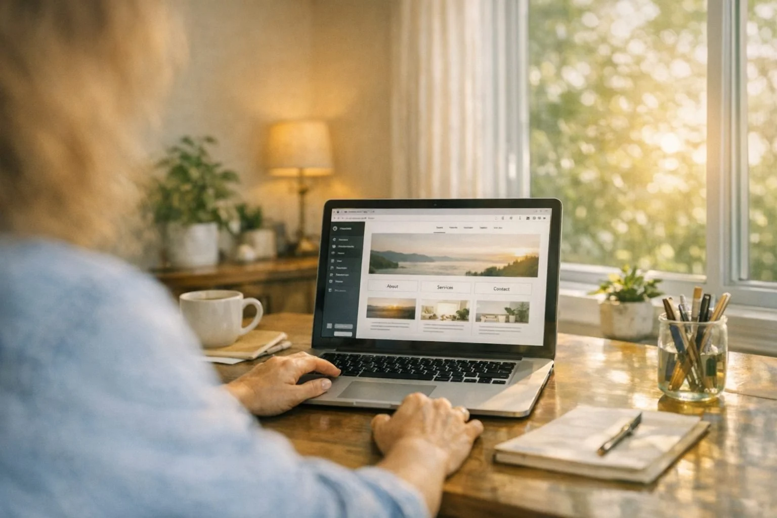 Photograph from a first‑person view of a woman sitting at a desk near a sunlit window, laptop open to a website design page. The scene conveys spaciousness, ease, and the quiet joy of letting creative flow breathe.