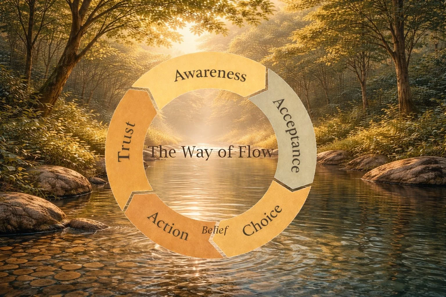 A circular diagram with the words 'Trust,' 'Awareness,' 'Acceptance,' 'Choice,' and 'Action' around the perimeter, overlaying a serene river scene with trees and rocks during sunset, titled 'The Way of Flow' in the center.