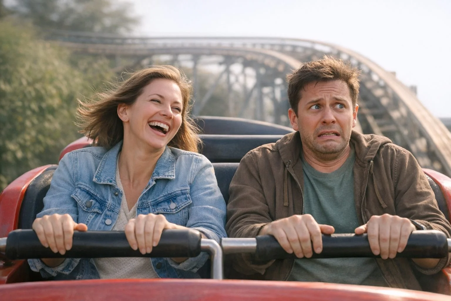 Two adults ride side by side in a roller coaster car. One laughs with joy, the other grips the safety bar in visible fear. Their shared experience reveals contrasting inner responses — a visual metaphor for how belief shapes perception.