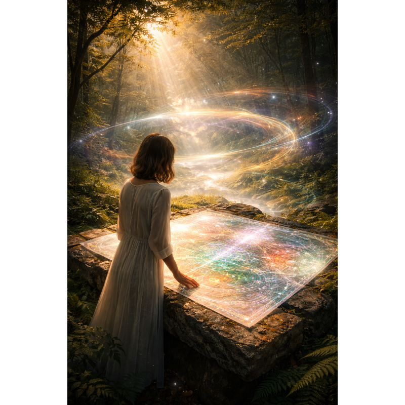 A woman in a white dress standing in a forest during sunset, with a glowing, holographic map or portal on a stone table and swirling, colorful light trails floating above it.