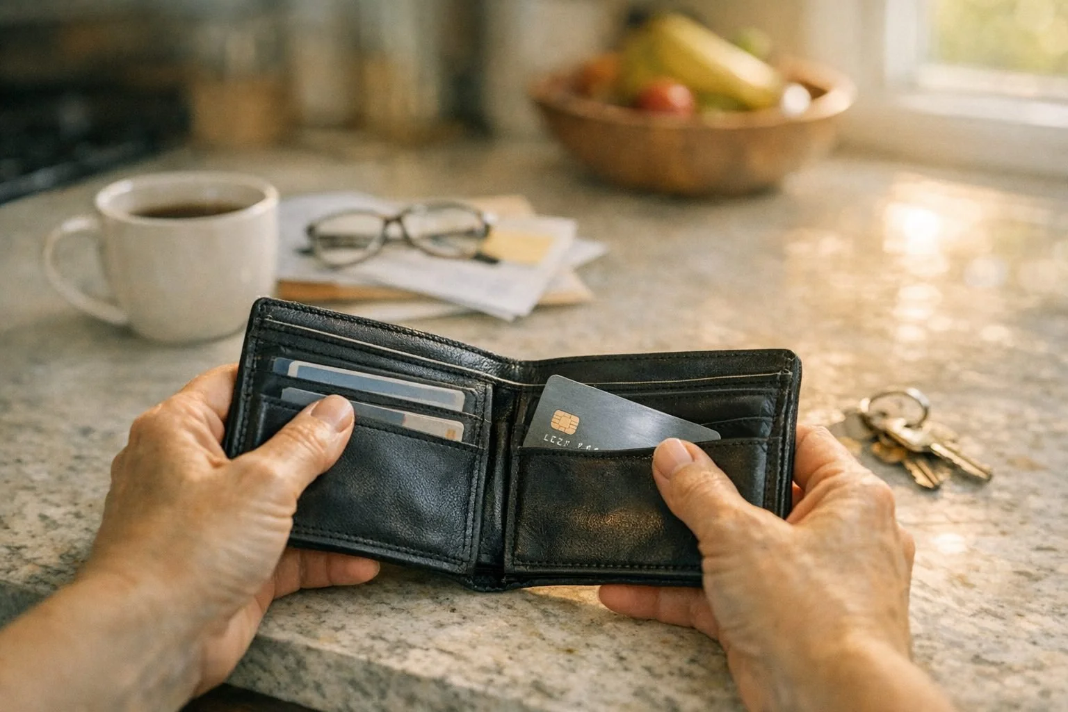 First‑person view of hands holding an open wallet on a sunlit kitchen counter, a credit card half visible, surrounded by small everyday objects. The scene conveys a moment of pause, intuition, and quiet clarity in the middle of a busy day