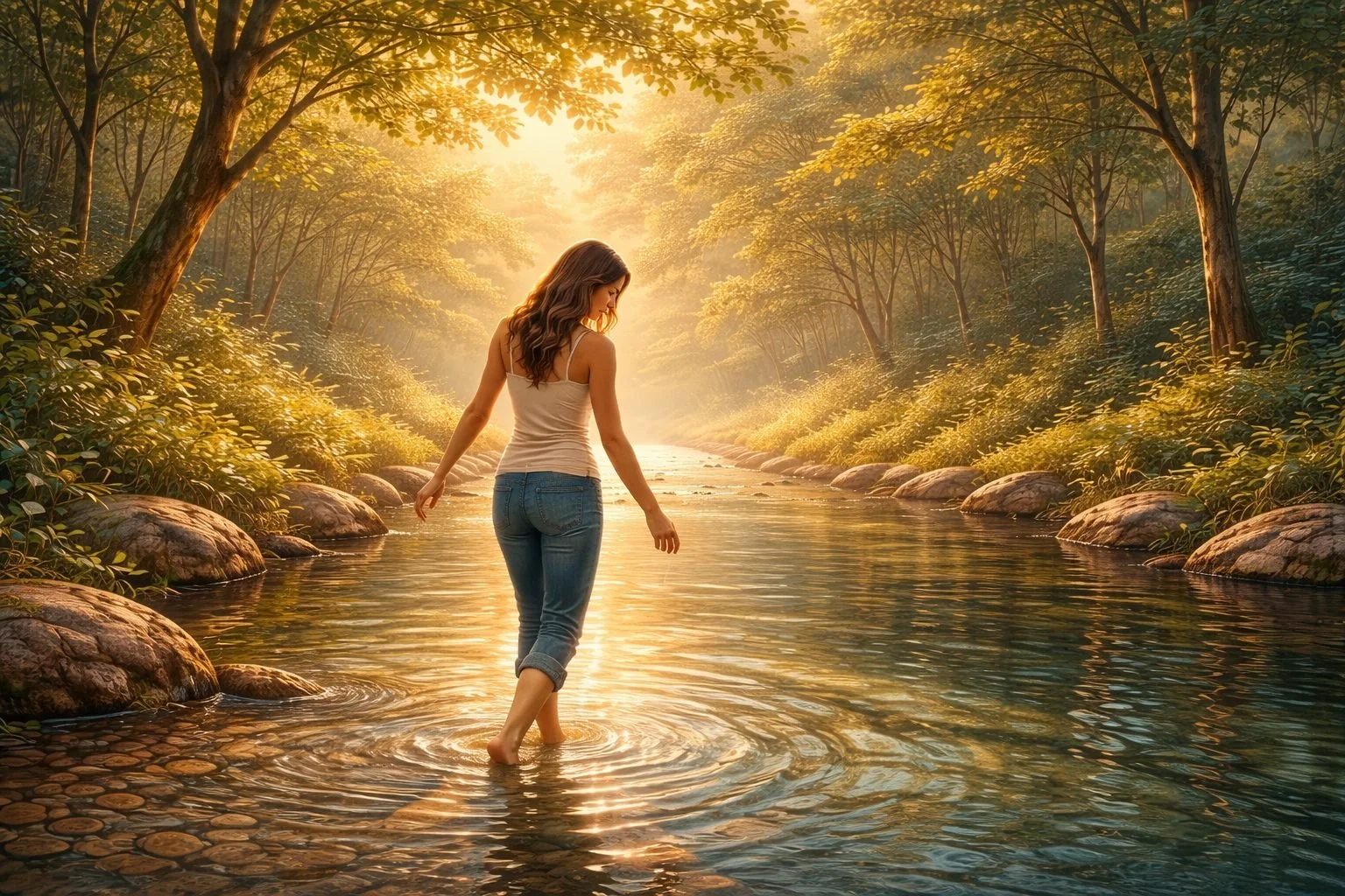 woman walking barefoot down the middle of the creek