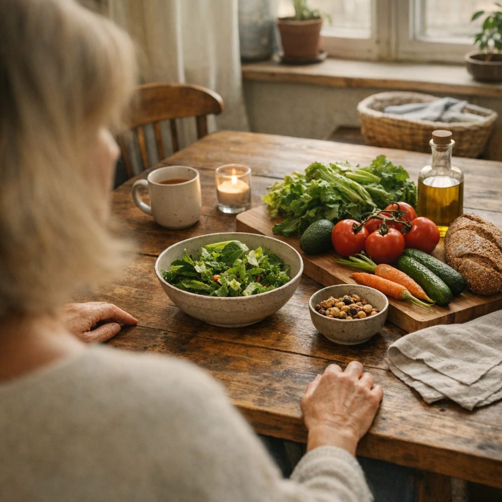 A person sitting at a rustic wooden table with a variety of fresh vegetables, salad, bread, and olive oil, with a candle and mug nearby, during daylight.