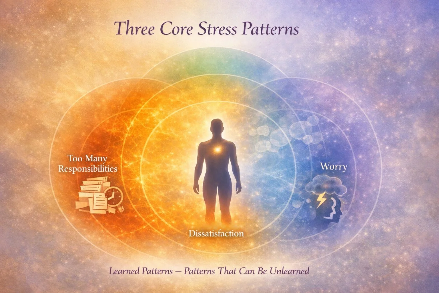 Diagram titled “Three Core Stress Patterns” showing a human silhouette surrounded by three overlapping circles labeled Too Many Responsibilities, Worry, and Dissatisfaction, illustrating how learned stress patterns interact and can be unlearned.