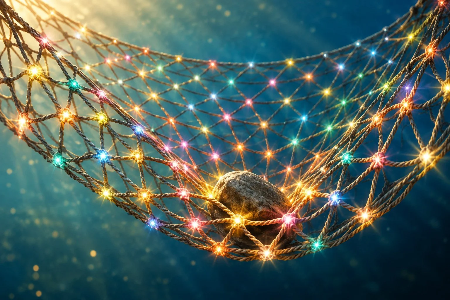 Fishing net with a stone pulling at its center, illustrating how a change in one part of an interconnected system affects the whole.