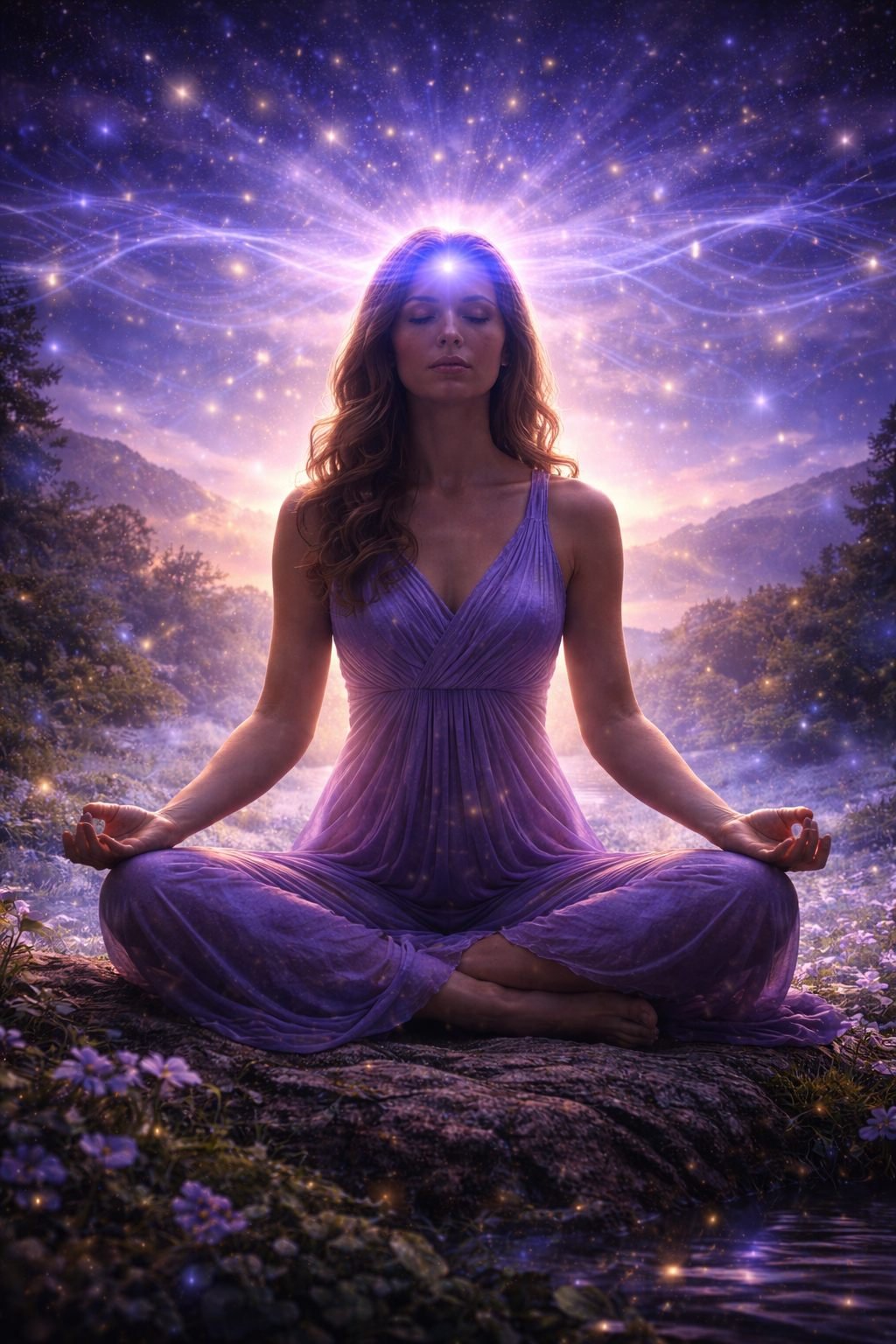 Person sitting cross‑legged in a natural landscape at twilight, surrounded by soft purple light and a radiant aura above the head, symbolizing intuition, inner vision, and the expansive awareness of the Third Eye Chakra.