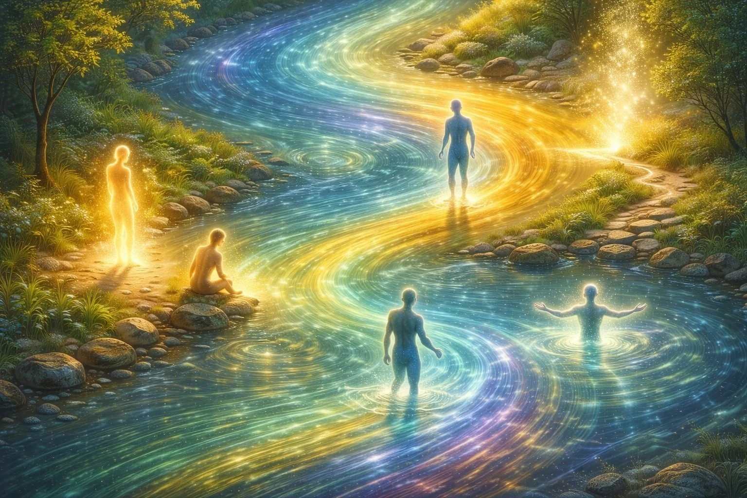 Illustration of five softly glowing figures by a flowing turquoise river: one observing at the bank, one seated and touching the water, one stepping toward the current, one wading in, and one floating peacefully in a nature landscape.