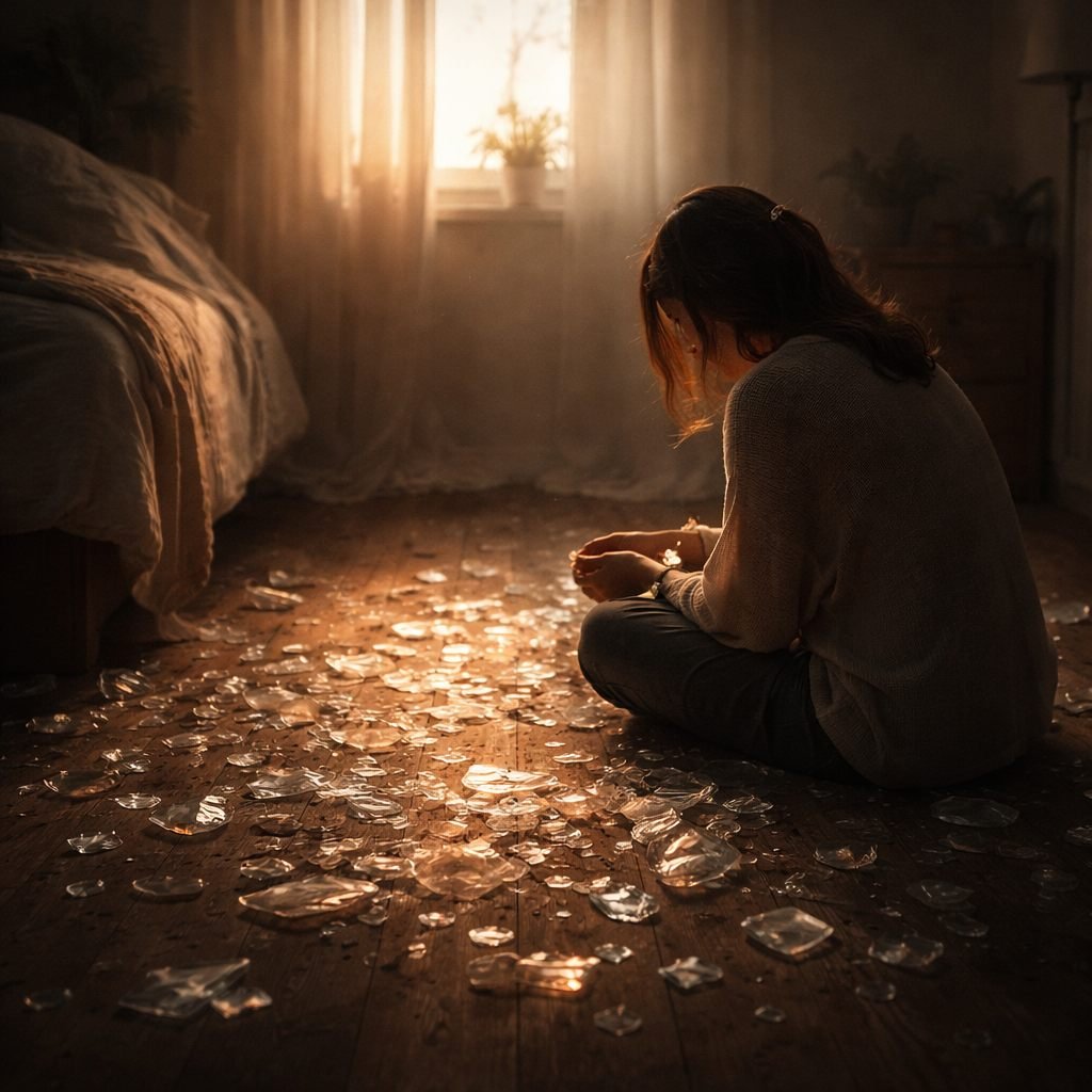 A person sitting on a floor surrounded by scattered glass shards, representing the raw, transformative experience of soulmate grief and the inward journey toward somatic integration.