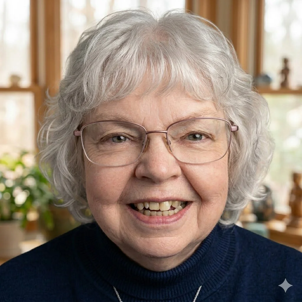 Close-up portrait of an elderly woman with white curly hair, wearing glasses and a navy blue turtleneck sweater, smiling indoors with a background of windows and plants.
