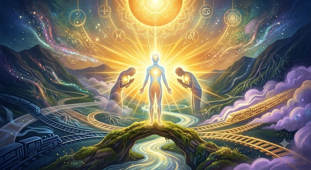 A glowing figure stands centered between two diverging train tracks under a brilliant cosmic sun in a mythic valley.