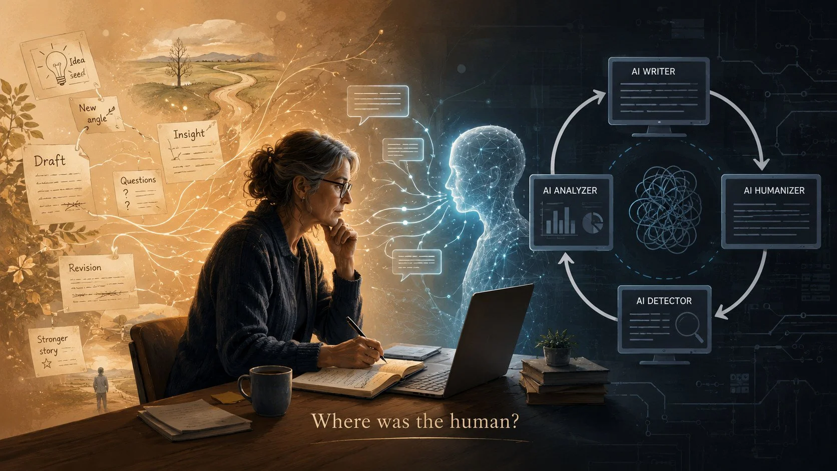A woman works thoughtfully beside a laptop as handwritten human ideas on the left blend into a structured AI process on the right, beneath the question, “Where was the human?