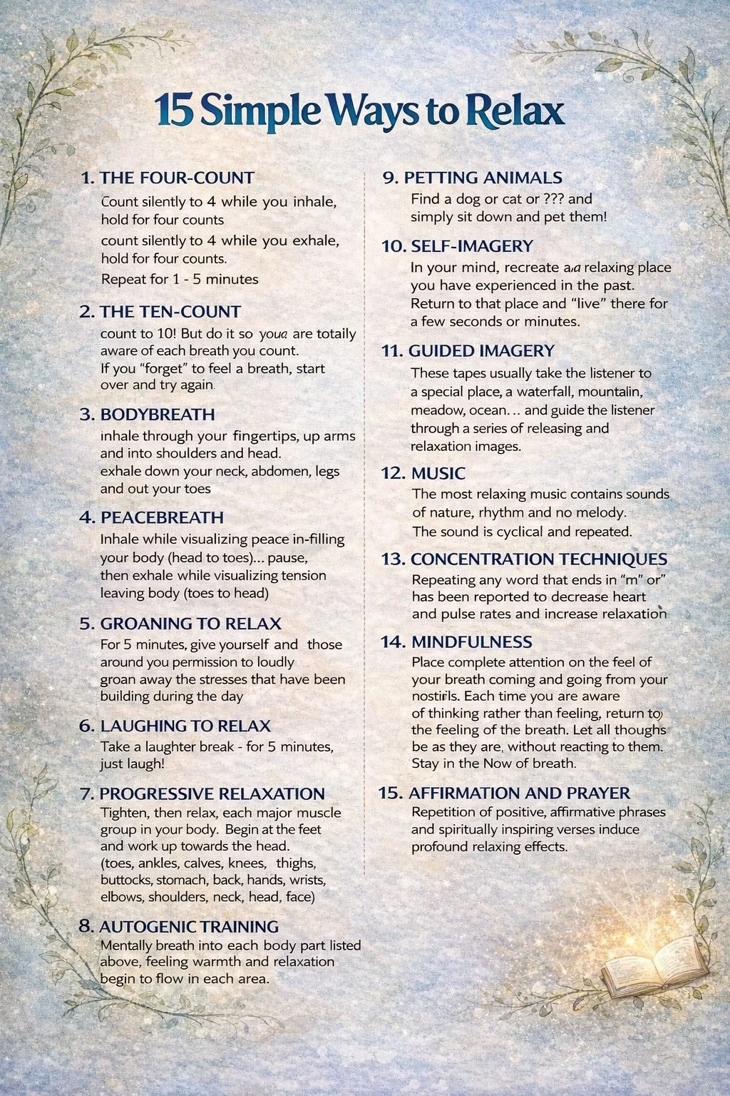 Infographic titled “15 Simple Ways to Relax” offering practical techniques such as breath counts, imagery, stretching, mindfulness, and affirmations to support stress relief and relaxation.