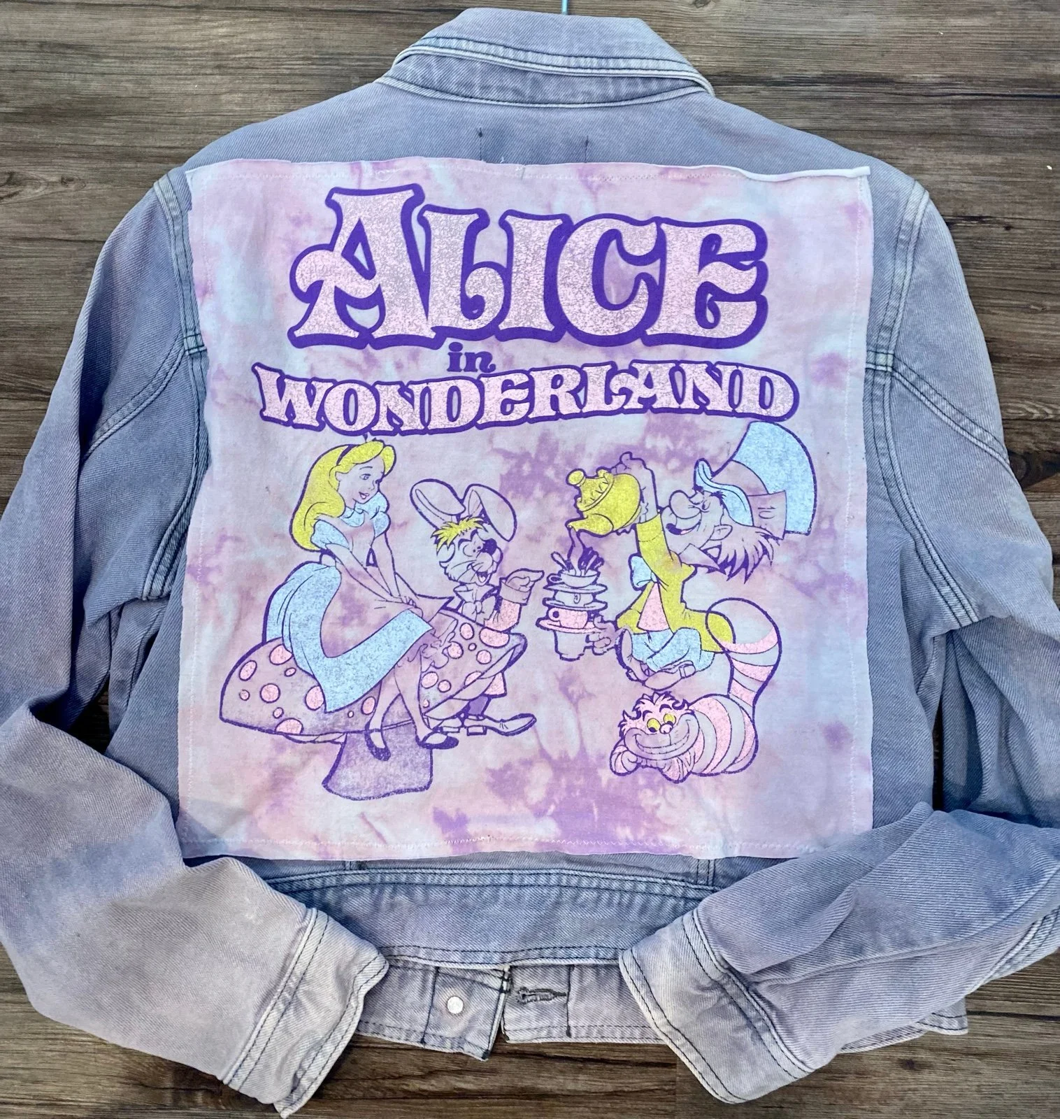 Upcycled Disney Alice in Wonderland Purple Jean Jacket