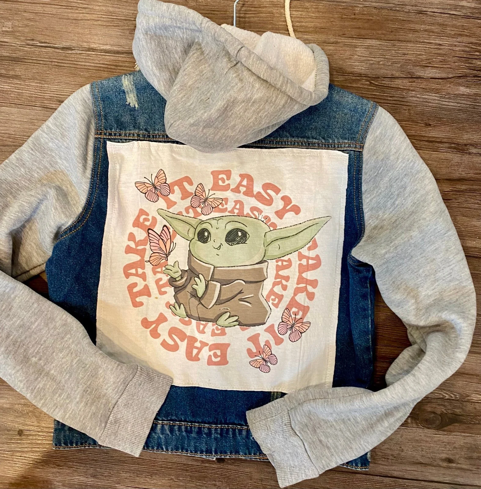 Upcycled Disney Baby Yoda Teen Size Hooded Jean Jacket