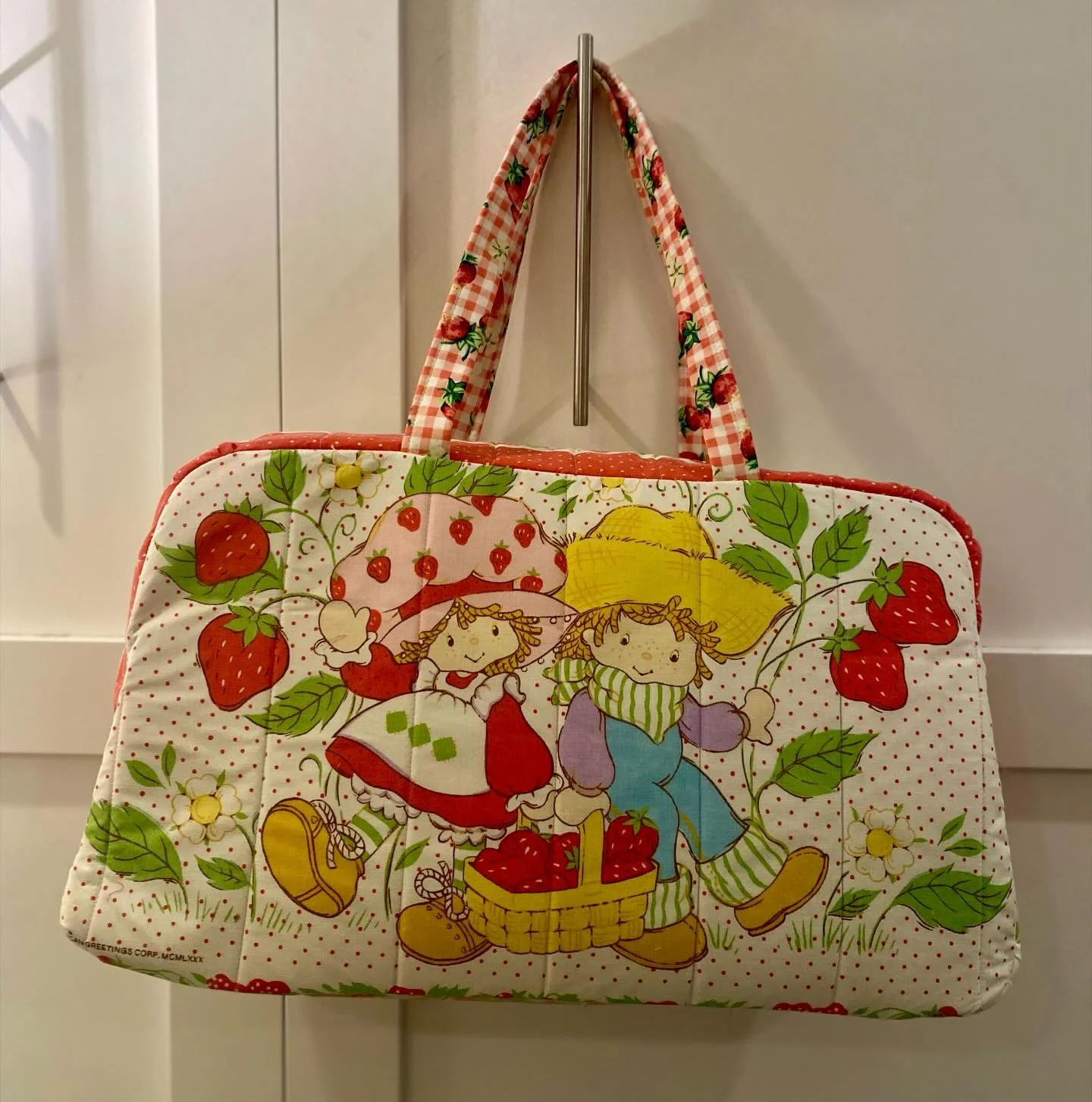 Upcycled Strawberry Shortcake and Disney Beauty and the Beast Travel Bags. #strawberryshortcake #disney #beautyandthebeast #travelbag #retrotravelbag