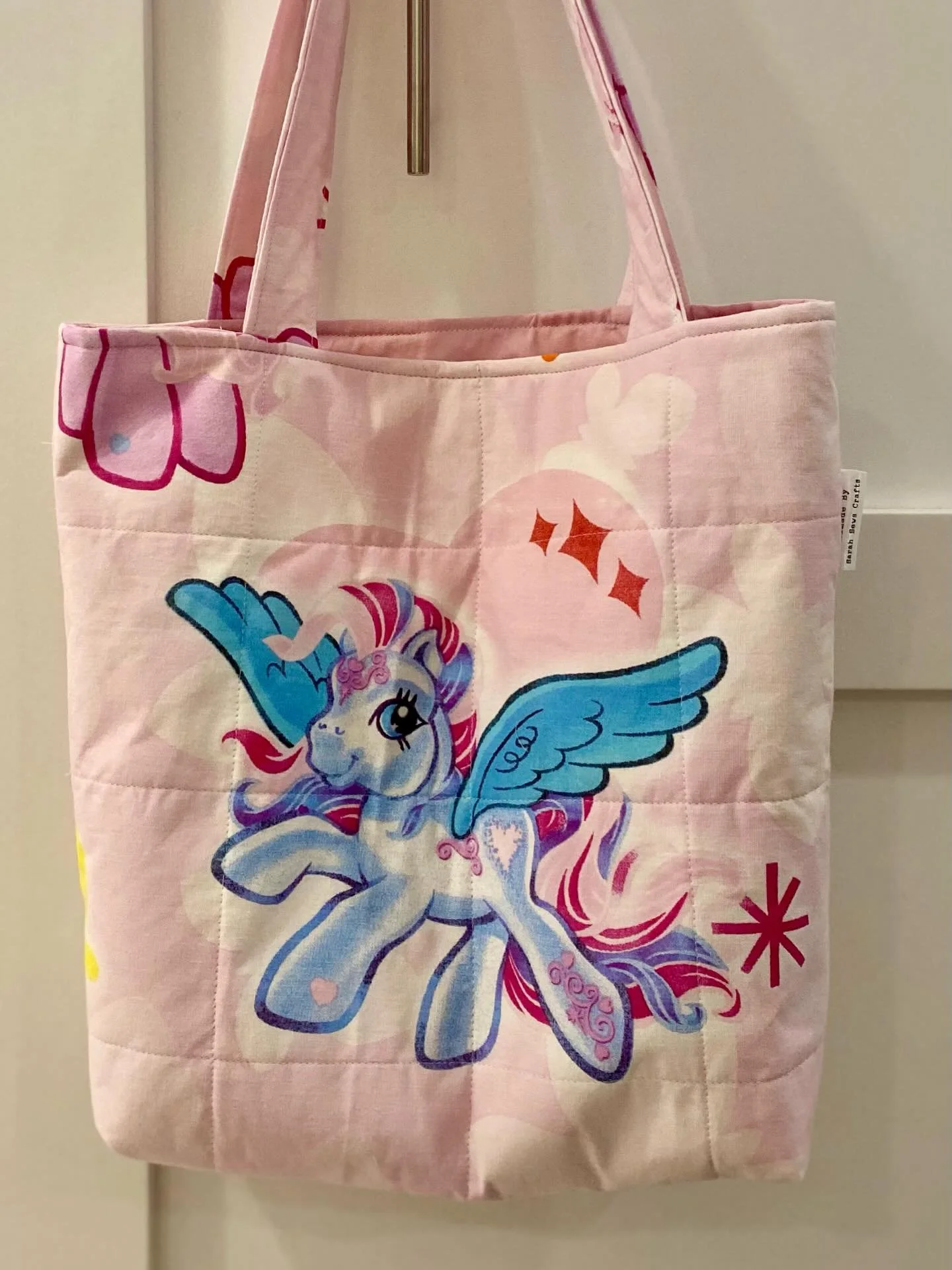 Just finished 4 New Upcycled Totes today. These are available now on my website www.sarahsewscrafts.com #strawbereyshortcake #smurfs #mylittlepony #cabbagepatchkids #upcycledtotes