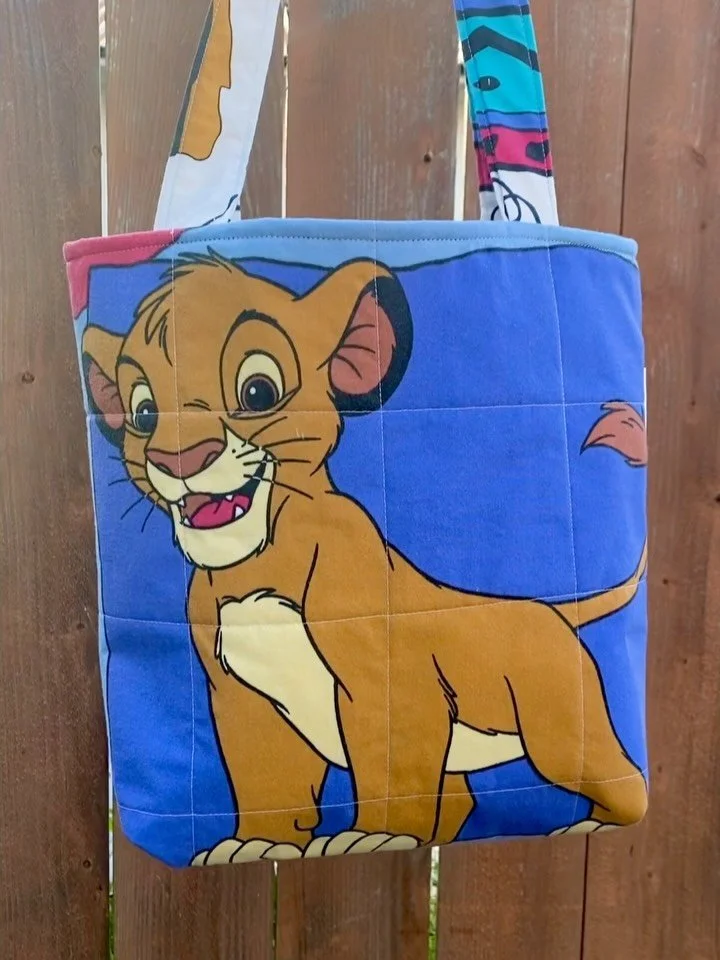 3 New Upcycled Quilted Totes added to my shop today. Available now on my website www.sarahsewscrafts.com #upcycledtote #disneythelionking #disneypocahontas #scoobydoo #quiltedtotes
