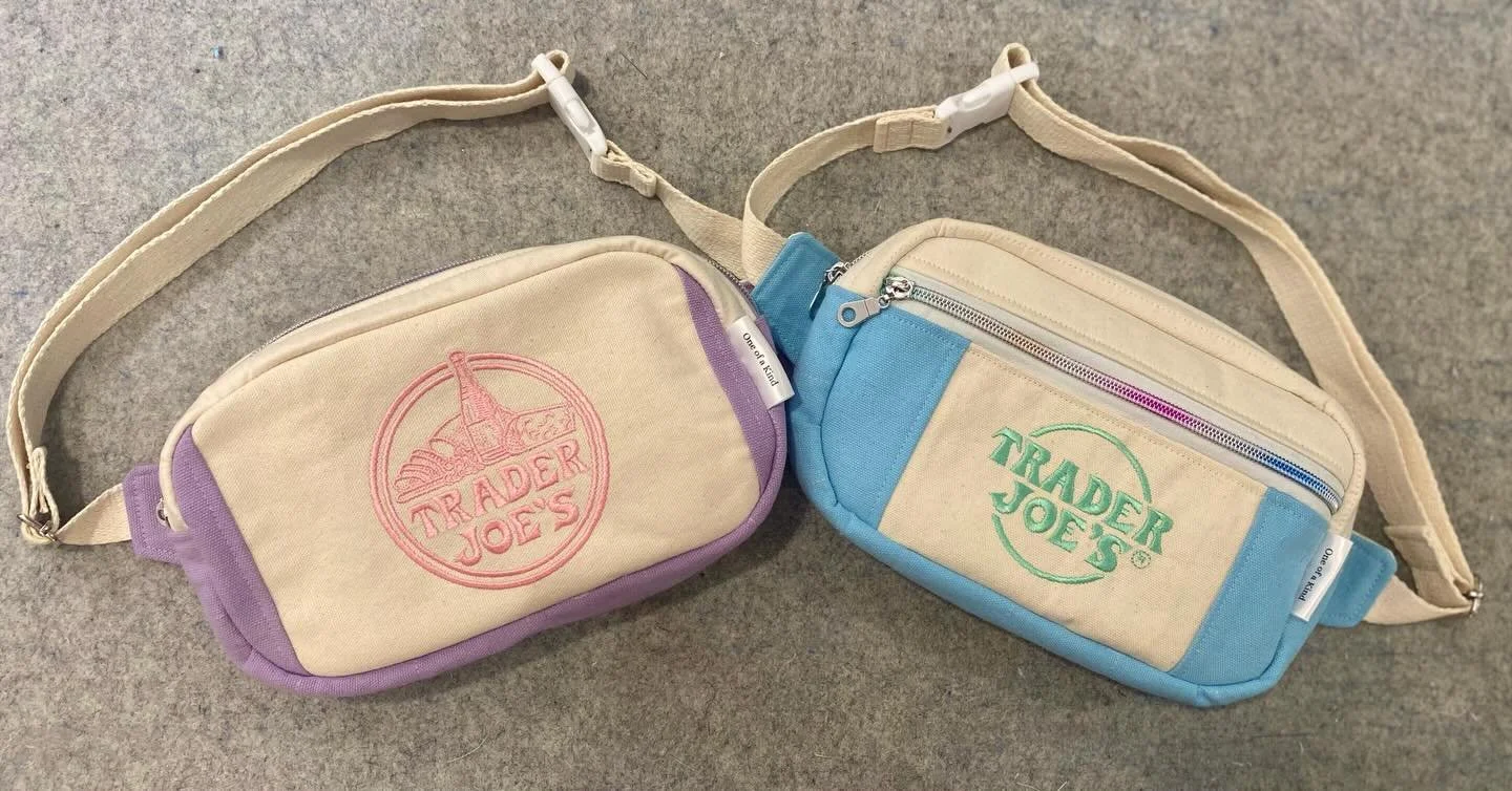 Just finished 2 new Reworked Trader Joe&rsquo;s Fanny Packs. One Lavender and one Light Blue  Available now only on my website www.sarahsewscrafts.com #traderjoesfannypack #traderjoestotes #reworkedtote #handmade