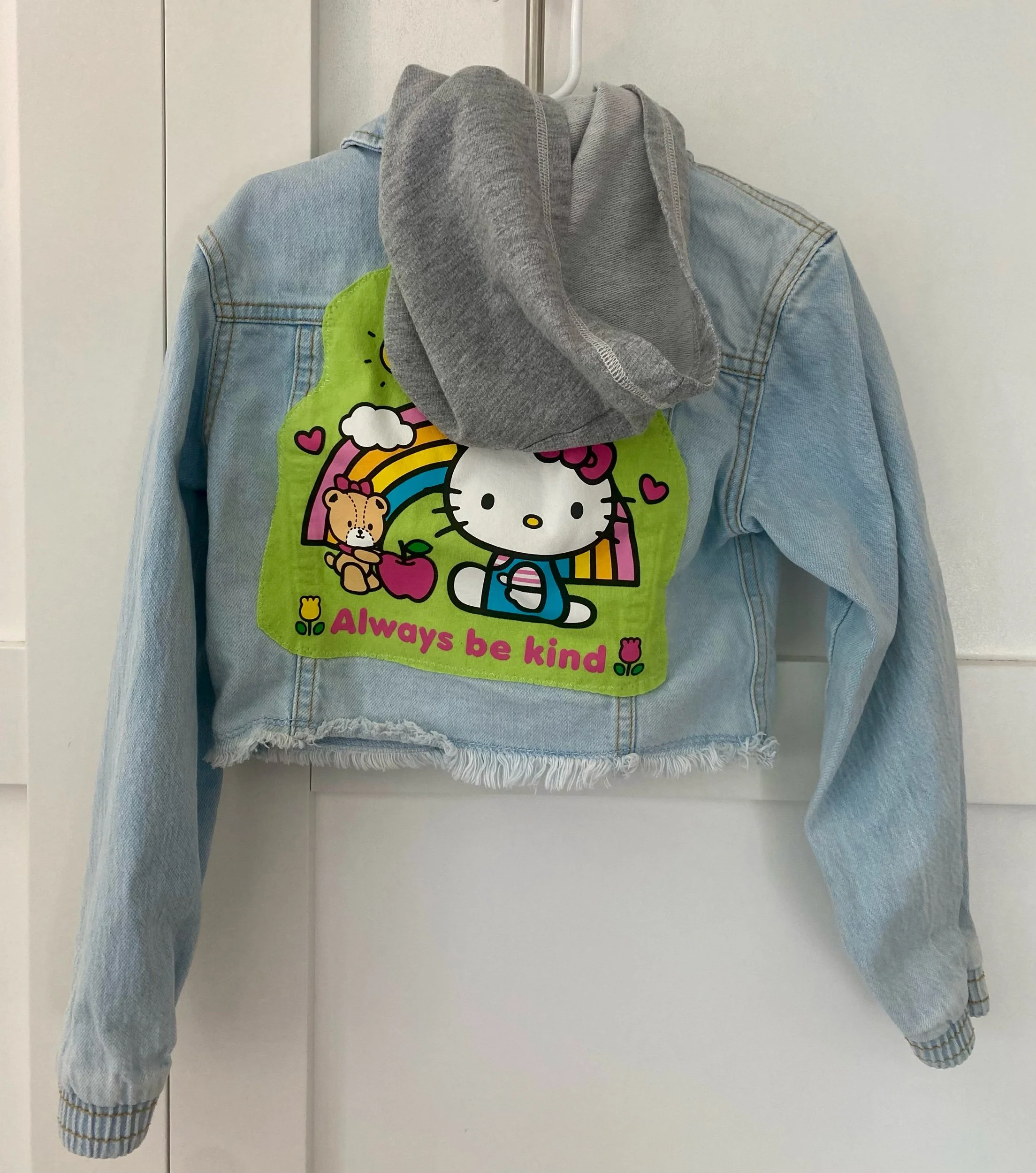 Upcycled Hello Kitty Kid Size Jean Jacket with Hood