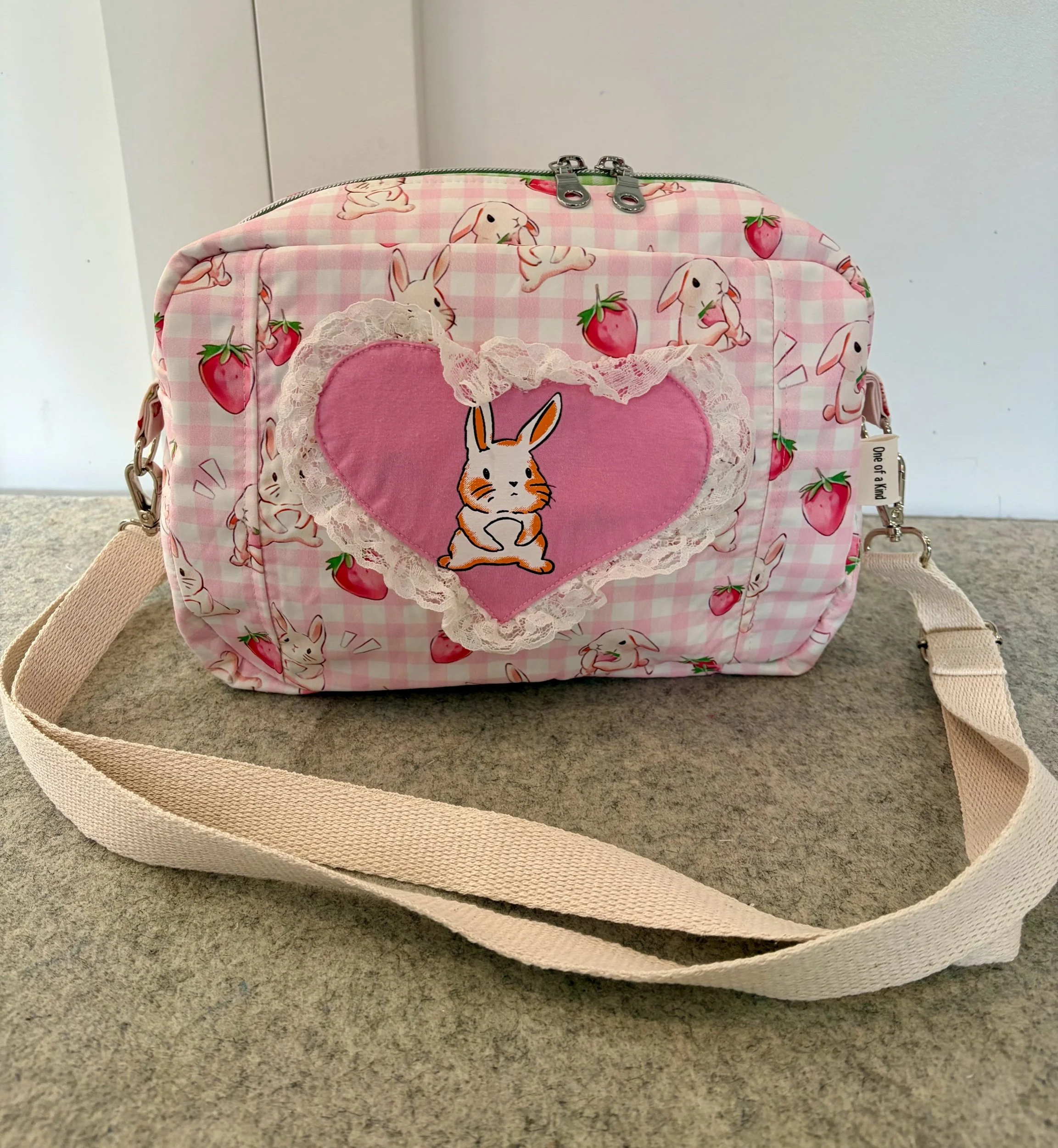 Upcycled Bunnies & Strawberries Crossbody Bag