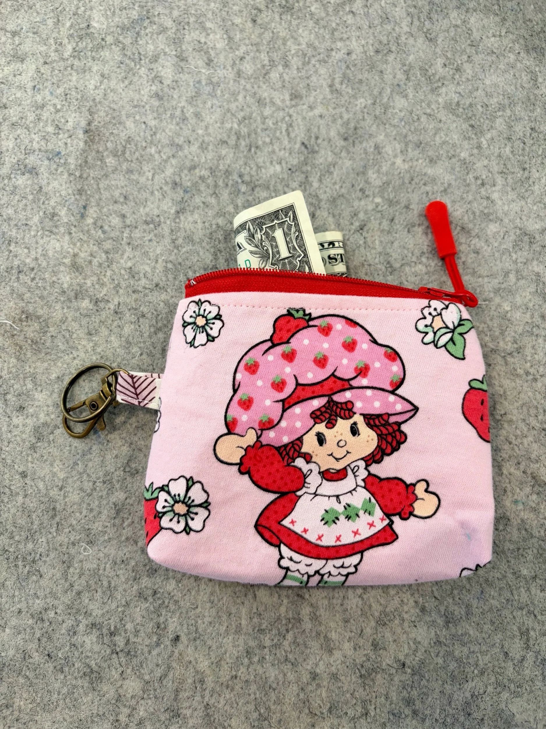 Upcycled Strawberry Shortcake Small Zippered Pouch