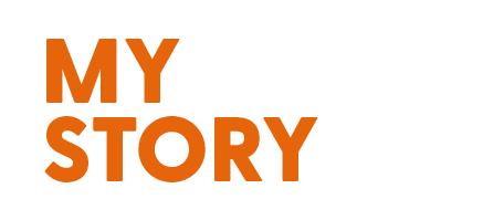 Text saying 'MY STORY' with a design element underneath on a black background.