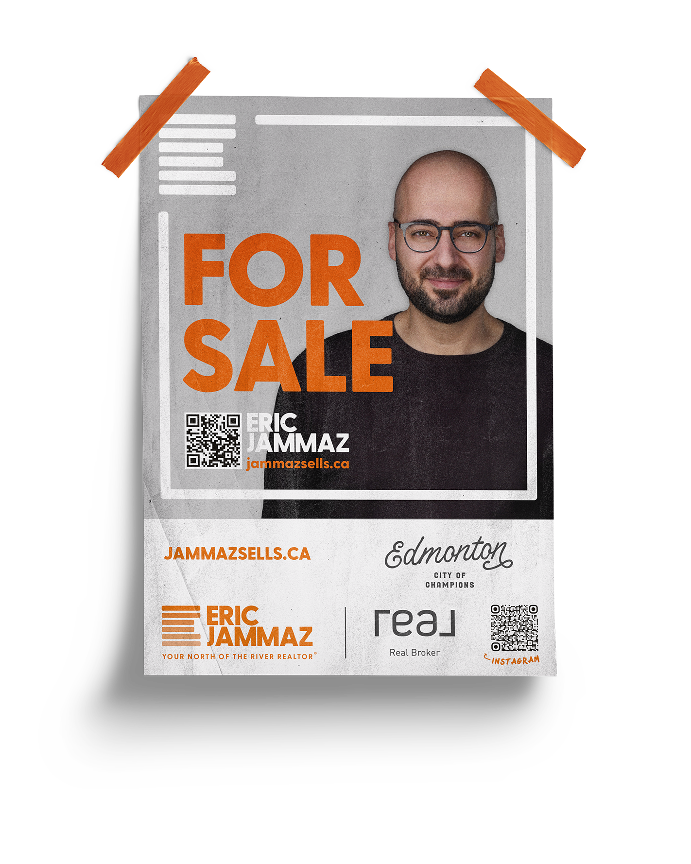 Real estate for sale poster featuring a man with glasses and beard, black shirt, with contact information and QR codes, attached with orange tape.