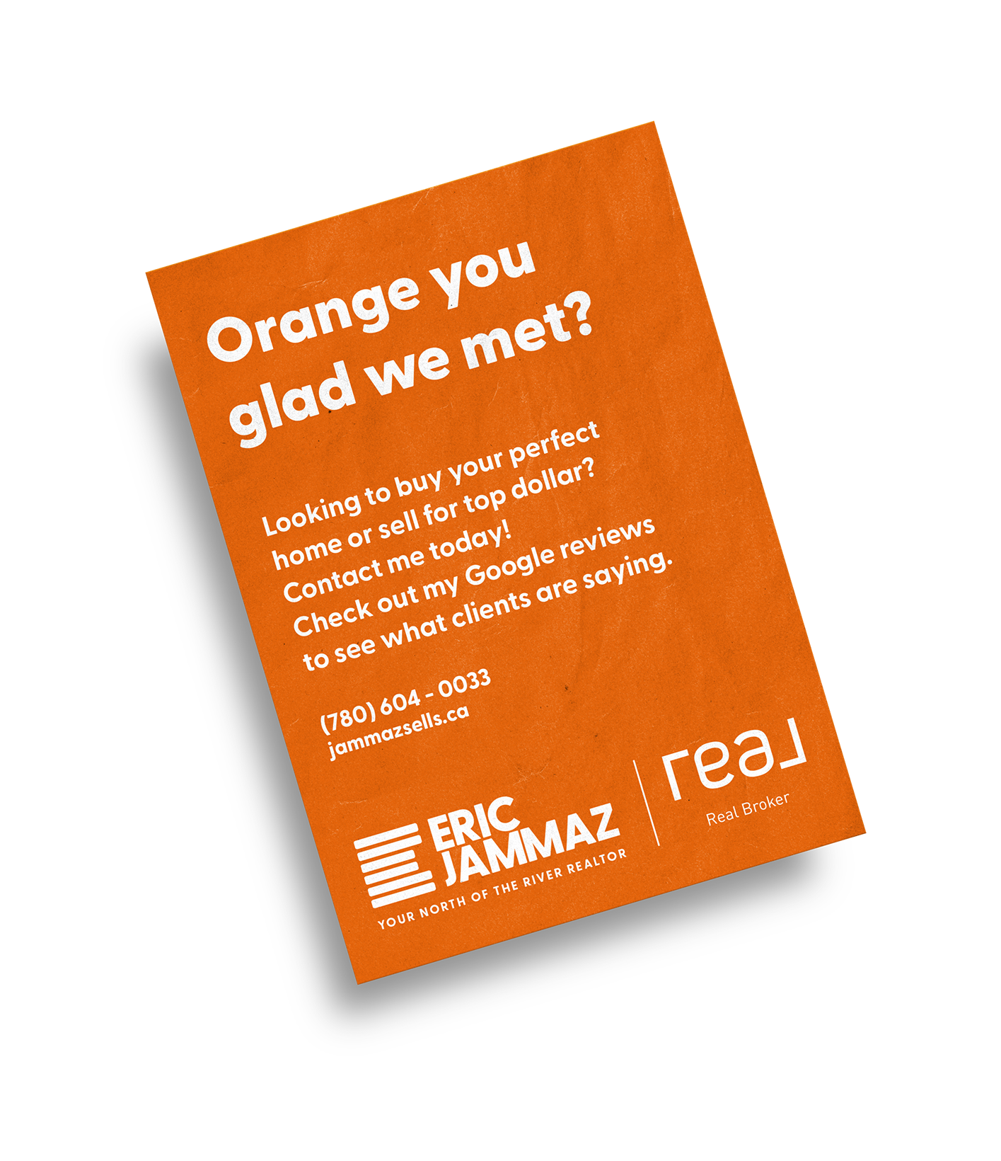 Colorful business card with orange background, promoting real estate services by Eric Jammaz, with contact number and website, and logos for Eric Jammaz and Real Realtor.