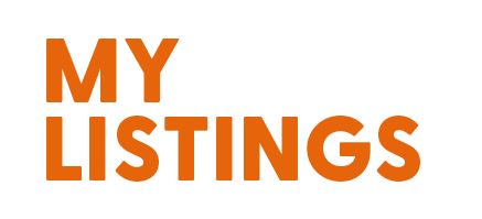 Text that says "MY LISTINGS" in orange on a black background.