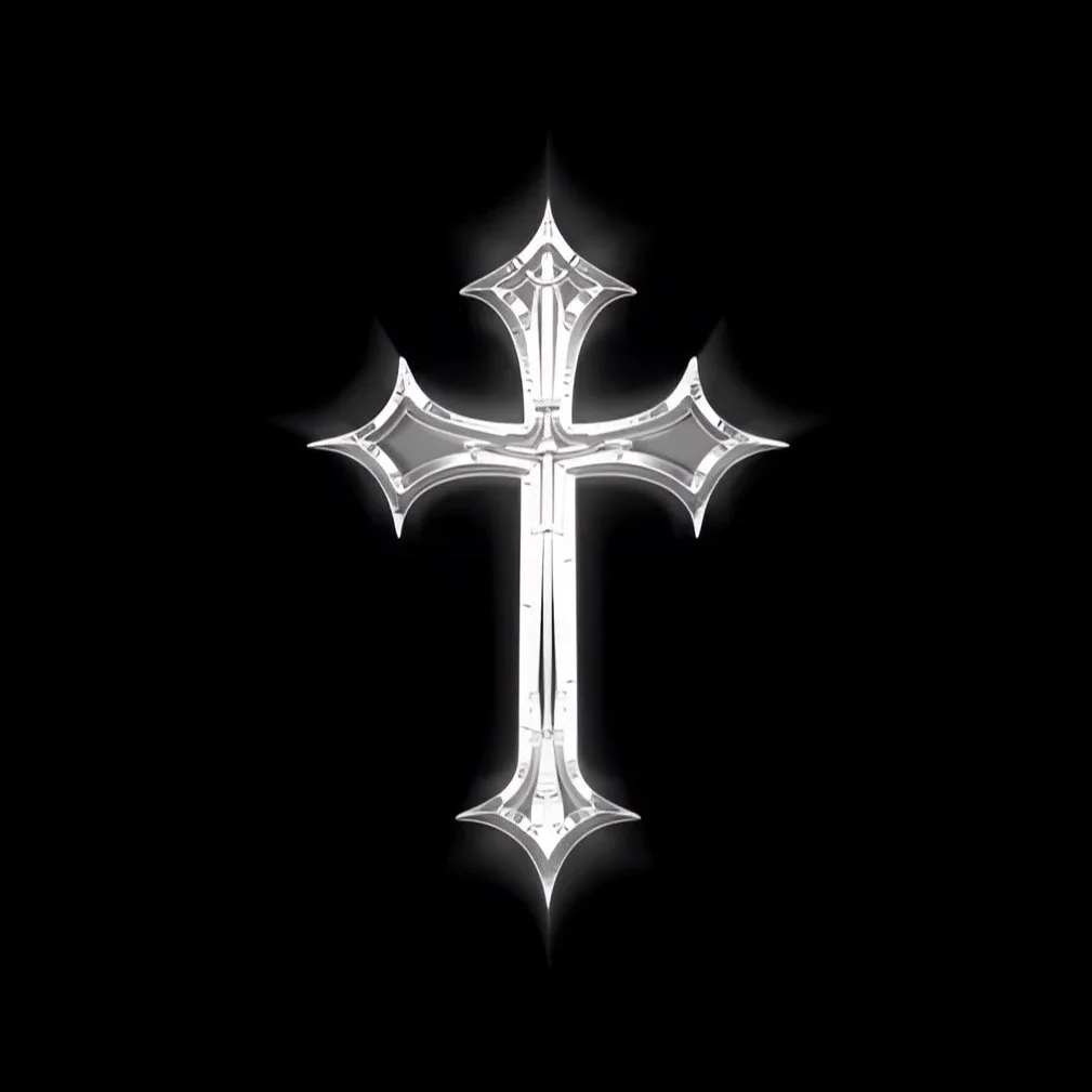 A silver metallic cross with gothic design, glowing slightly, against a black background.