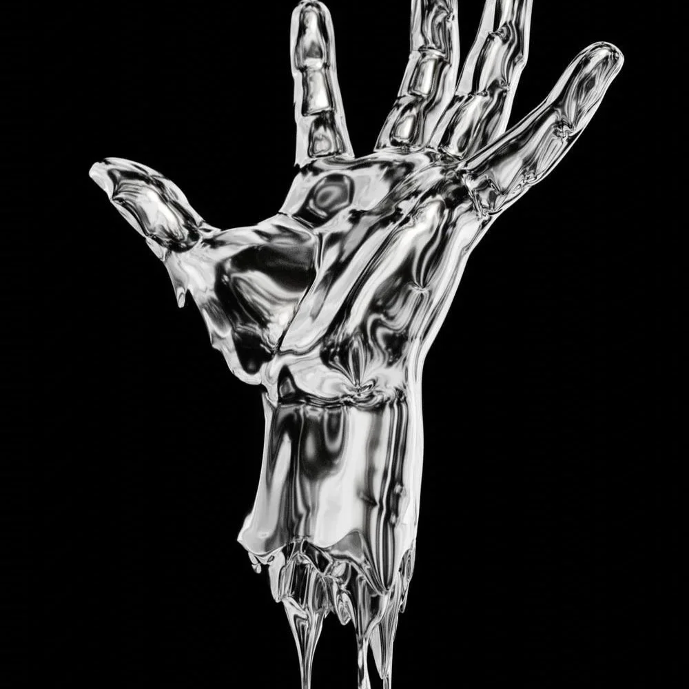 A crystal-like sculpture of a human hand against a black background.