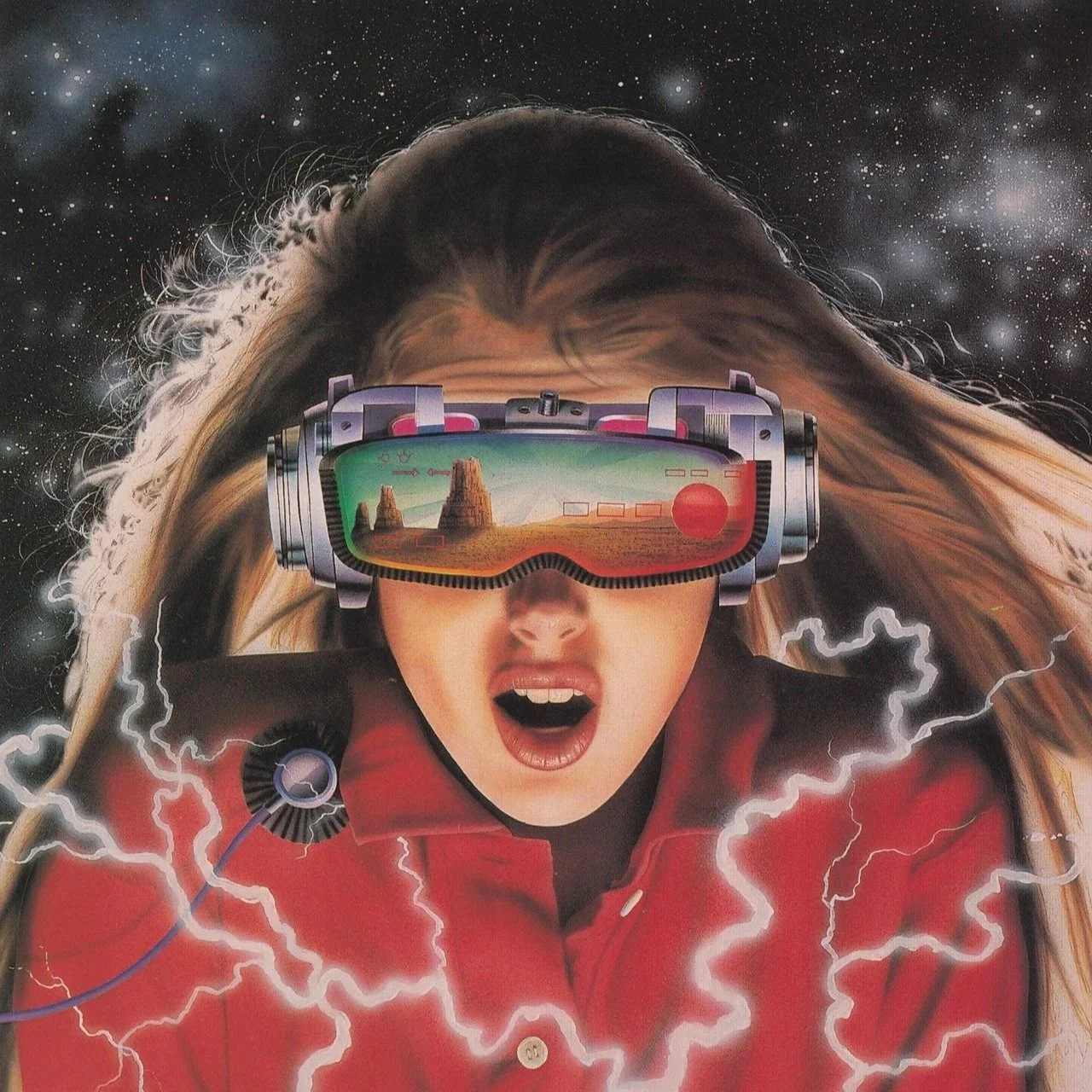 A person wearing a virtual reality headset with a desert landscape reflected in the lenses, surrounded by lightning and a starry night sky.