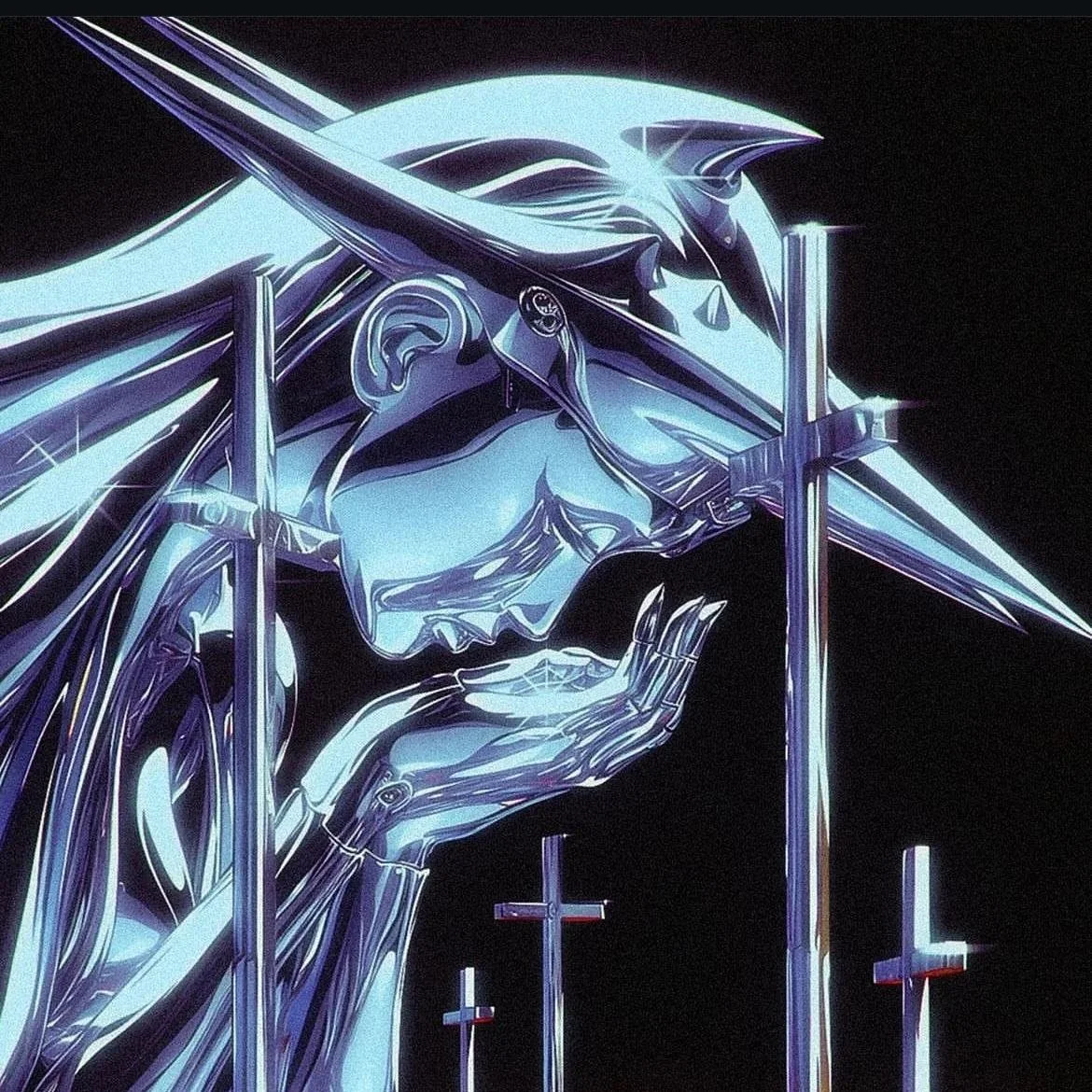 Digital artwork of a metallic, futuristic woman with long hair, holding her chin with her hand, surrounded by crosses and a dark background, with red liquid on the ground.