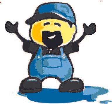 Cartoon character of a smiling person wearing a blue cap, black shirt, and blue overalls, with arms raised and standing in a puddle.