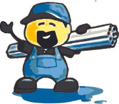 A cartoon character with a yellow face, black beard, and a big smile, wearing a blue cap and overalls, carrying a rolled-up blueprint in one hand, standing on a shadow.