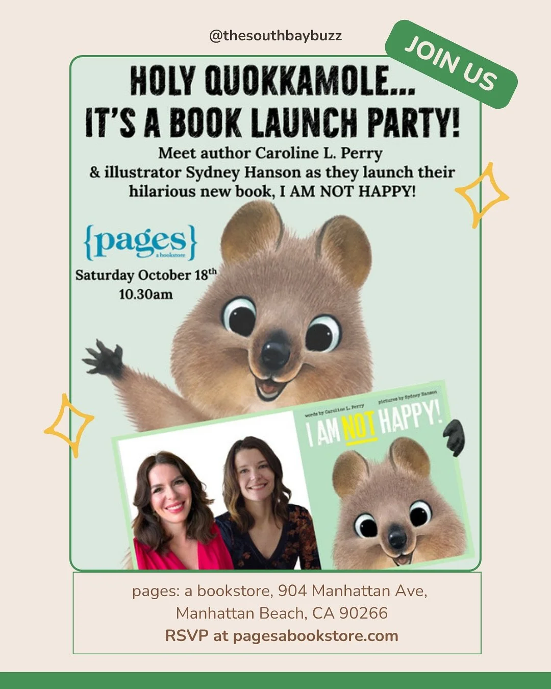 South Bay families, mark your calendars! 💛

This Saturday, @pagesabookstore in Manhattan Beach hosts award-winning local author, @carolinelperry, and NYT bestselling illustrator, @sydwiki, for the launch of their book - I AM NOT HAPPY!

✨ Saturday, 
