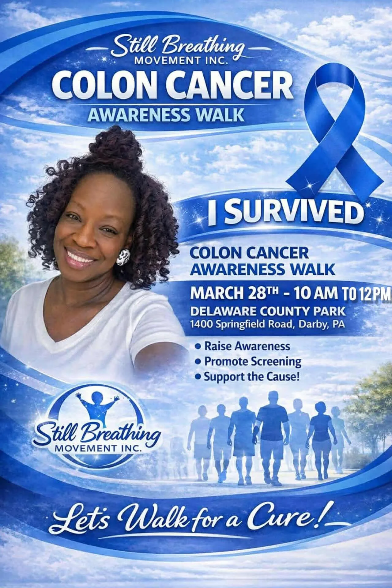 Poster for a colon cancer awareness walk featuring a smiling woman, blue ribbon, and a group of people walking in the park, with information about the event date, time, location, and goals.