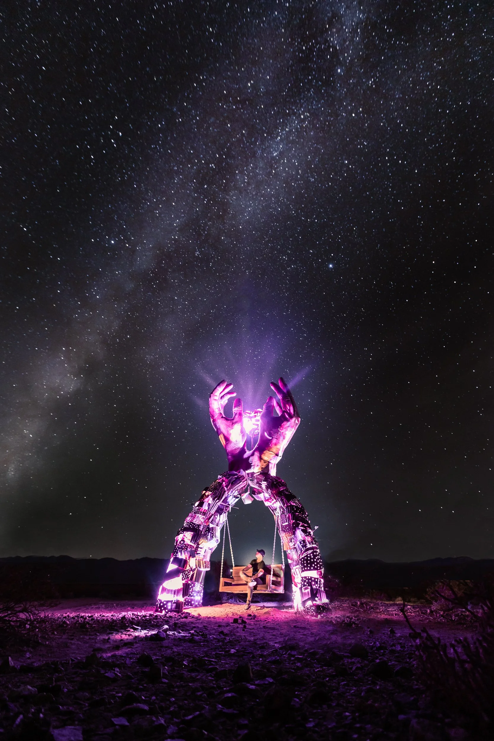  Illuminated art installation under the Milky Way at a remote desert property in the Mojave, night sky photography by James Brasier