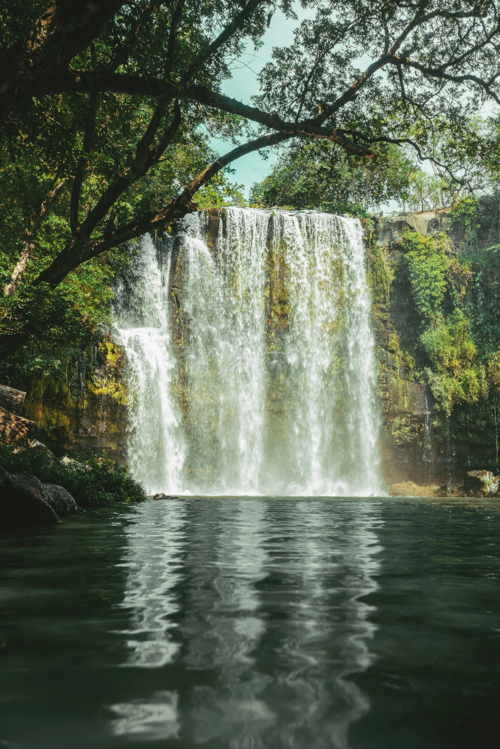 Llanos de Cortez waterfall viewed from the water with tree branch framing and rainforest canopy above, Costa Rica landscape photography by James Brasier